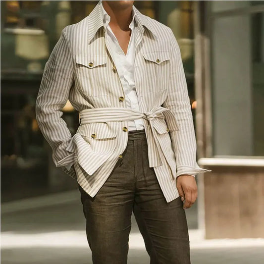 Men's Light Luxury Long Sleeve Striped Belted Shirts Casual Streetwear Button-down Pocket Shirt S-5XL 2025 New Spring Clothing