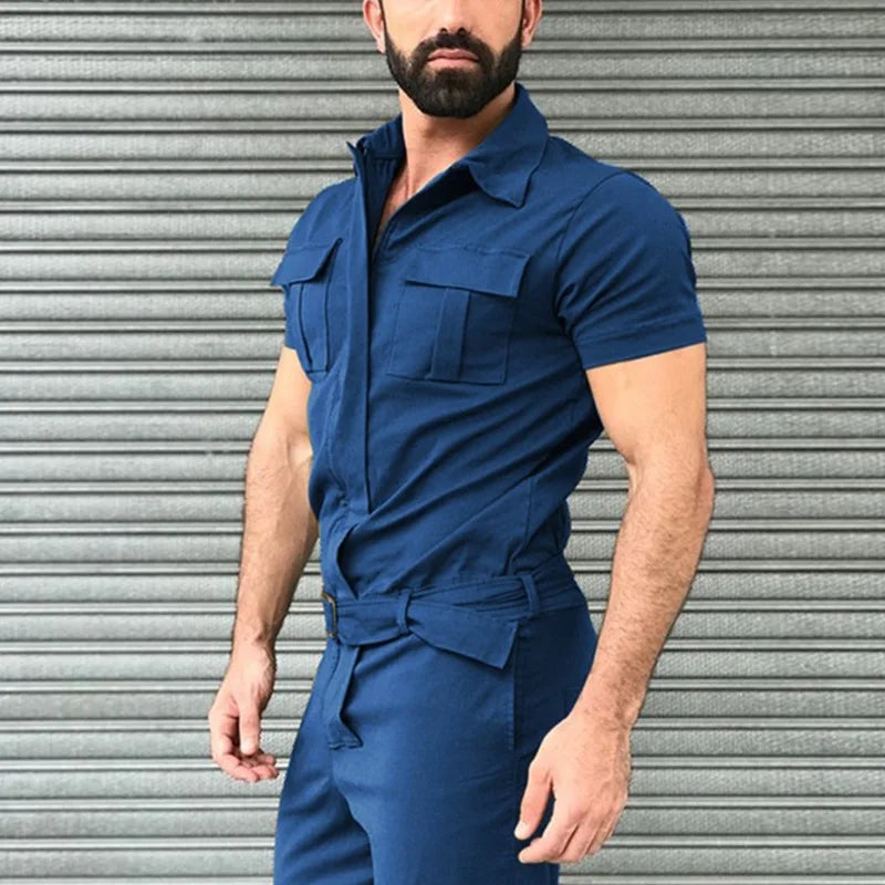 New Men Pants Casual One-piece Suit Spring Summer Men Fashion Jumpsuits Short Sleeve Belt Men Clothing Solid Jumpsuits