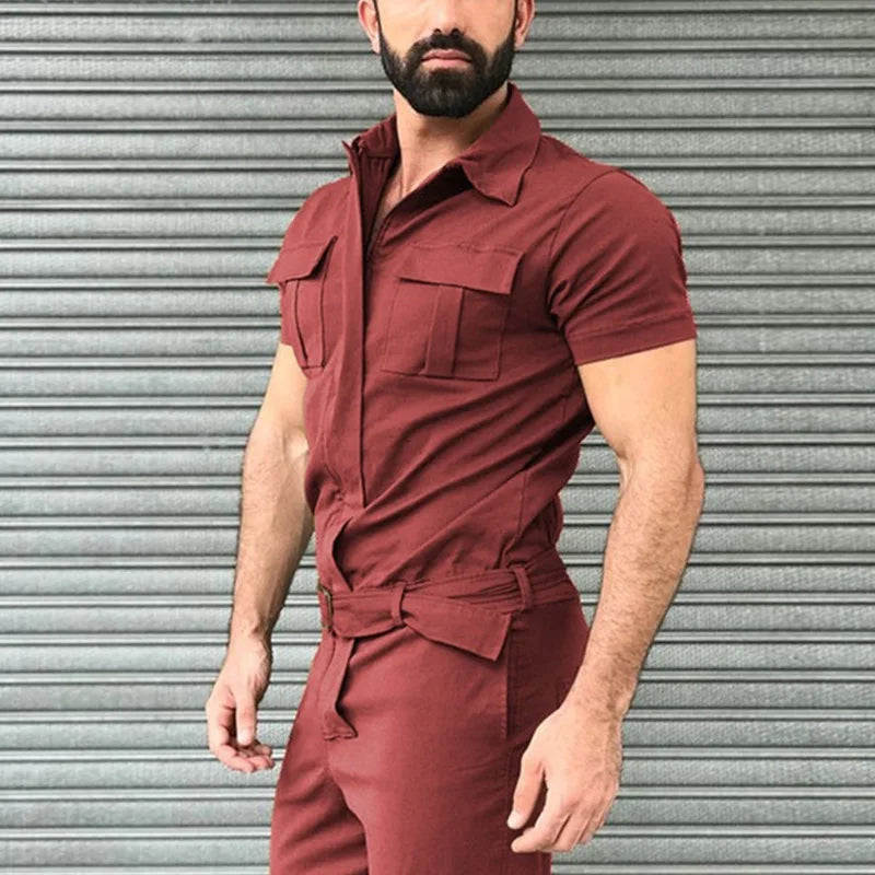 New Men Pants Casual One-piece Suit Spring Summer Men Fashion Jumpsuits Short Sleeve Belt Men Clothing Solid Jumpsuits