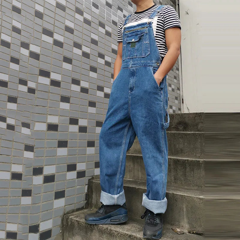 Jeans Men Men's Denim Overalls Overalls Jumpsuit Large size strap Straight pants Blue jeans More sizes 30-44 46