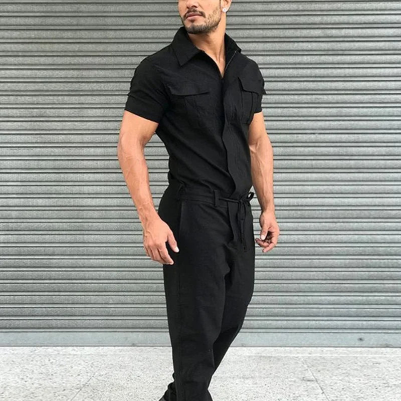 New Men Pants Casual One-piece Suit Spring Summer Men Fashion Jumpsuits Short Sleeve Belt Men Clothing Solid Jumpsuits