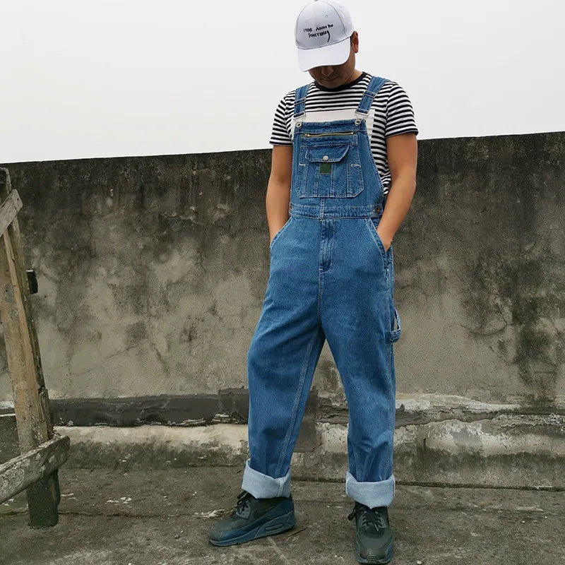 Jeans Men Men's Denim Overalls Overalls Jumpsuit Large size strap Straight pants Blue jeans More sizes 30-44 46