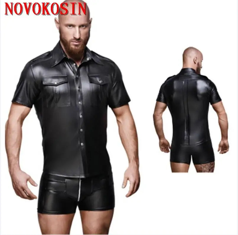 S-2XL Fashion Wet Look Black Faux Leather Men Sexy Two Pockets Tops Tees DS Night Motorcycle Short Sleeves Shirts With Button