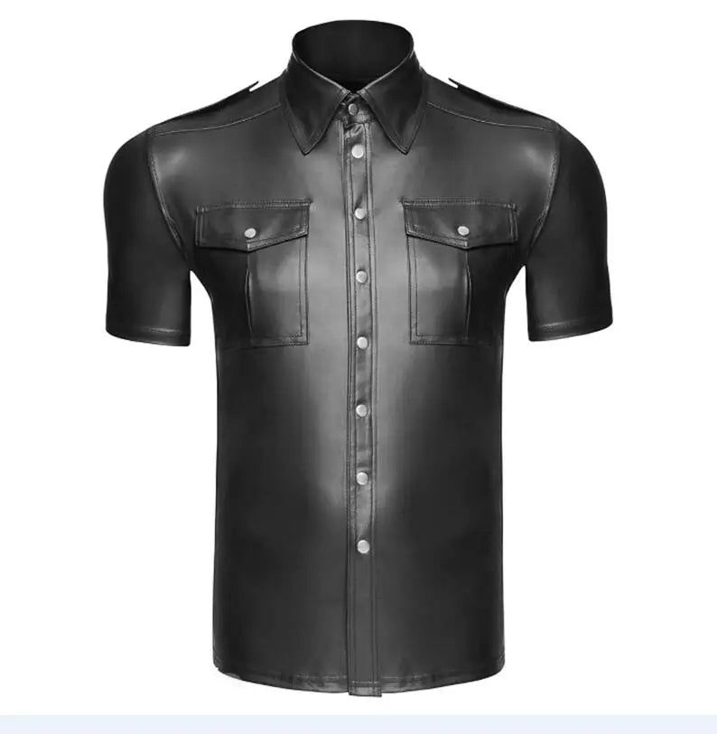S-2XL Fashion Wet Look Black Faux Leather Men Sexy Two Pockets Tops Tees DS Night Motorcycle Short Sleeves Shirts With Button