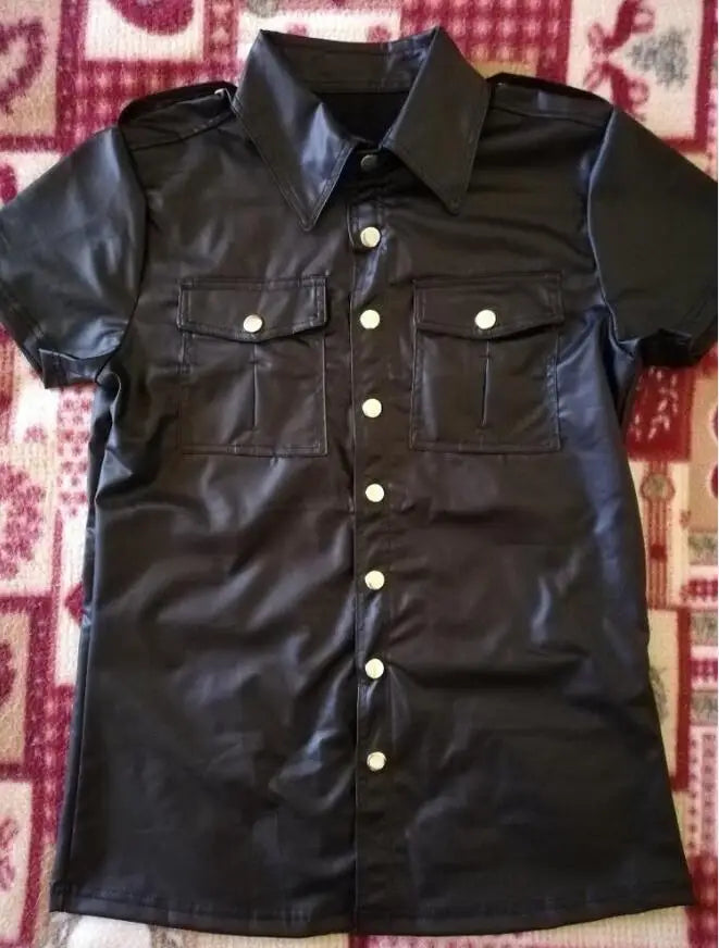 S-2XL Fashion Wet Look Black Faux Leather Men Sexy Two Pockets Tops Tees DS Night Motorcycle Short Sleeves Shirts With Button