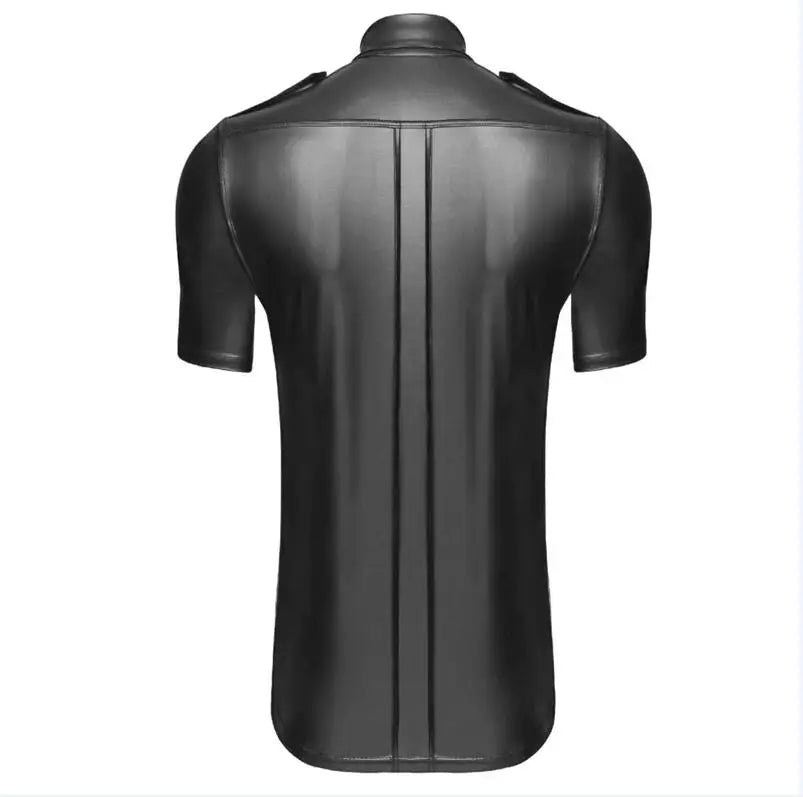 S-2XL Fashion Wet Look Black Faux Leather Men Sexy Two Pockets Tops Tees DS Night Motorcycle Short Sleeves Shirts With Button