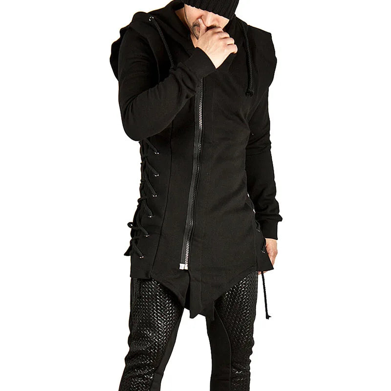 Streetwear Hoodies Men 2025 Fashion Hooded Loose Coat Zipper Hoodies with Side Lashing Crossed Plus Size Sweatshirt Men