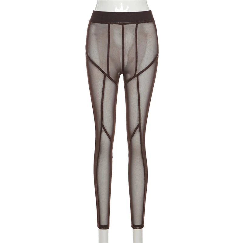 Mesh See Through women's pants vetement femme 2021 High Waist Patchwork Sheer Leggings Body-shaping Baddie Style Skinny Trousers