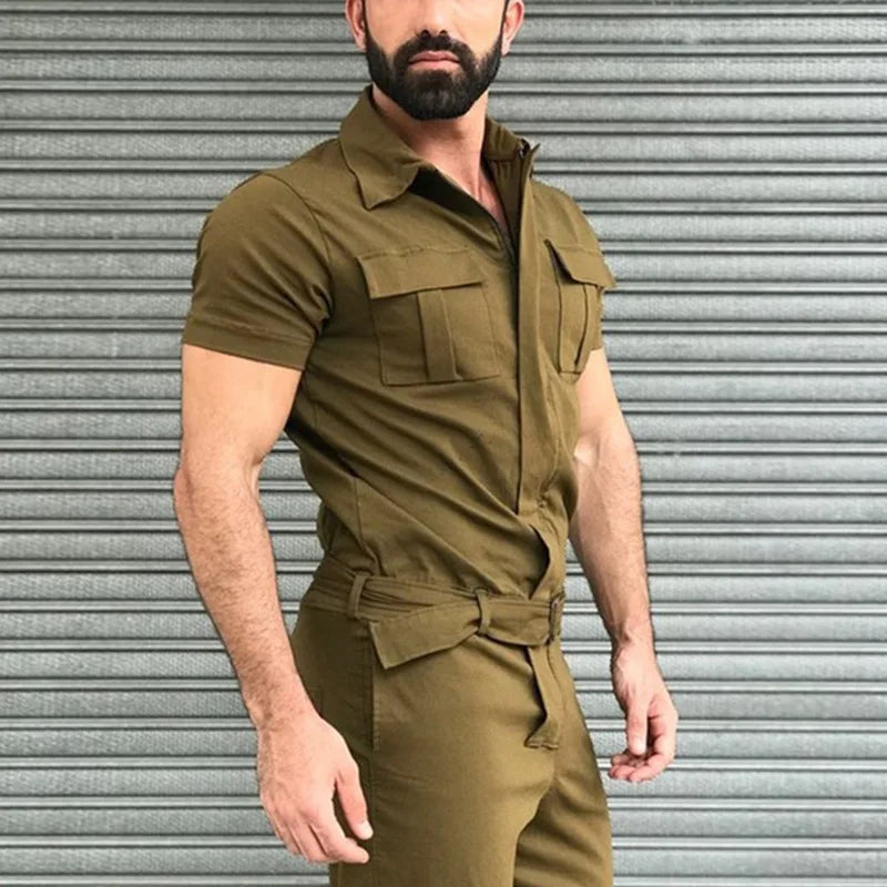 New Men Pants Casual One-piece Suit Spring Summer Men Fashion Jumpsuits Short Sleeve Belt Men Clothing Solid Jumpsuits