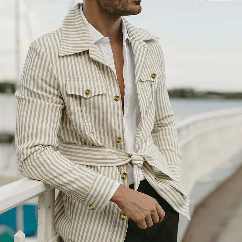 Men's Light Luxury Long Sleeve Striped Belted Shirts Casual Streetwear Button-down Pocket Shirt S-5XL 2025 New Spring Clothing