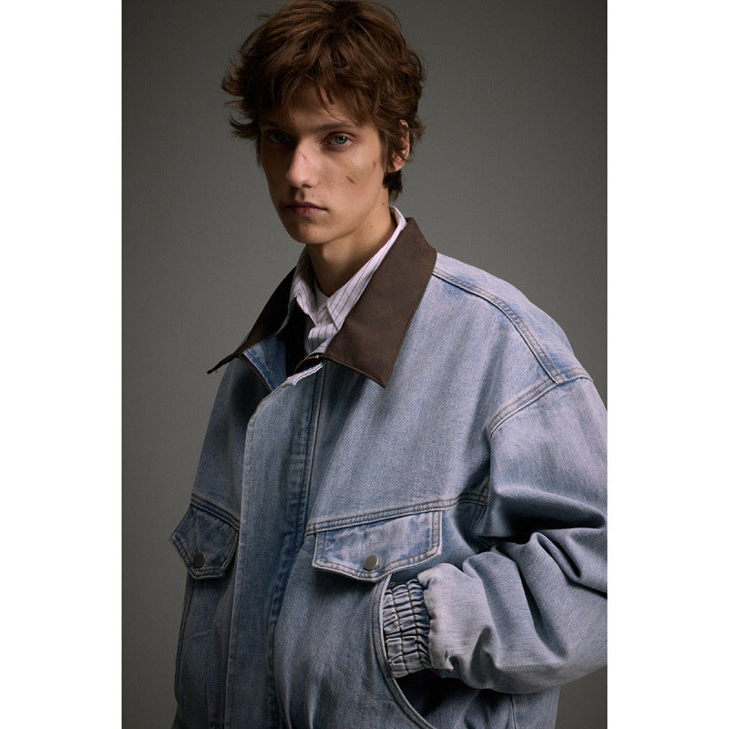 Loose Washed-out Lapel Workwear Denim Men's And Women's Motorcycle Jacket