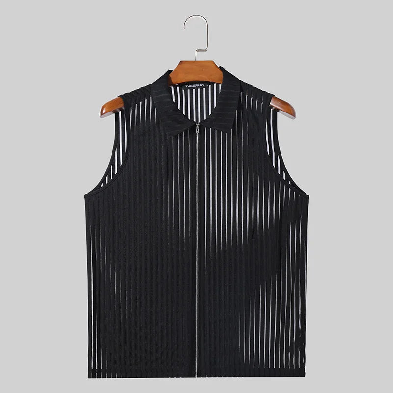 Fashion Casual Style Tops INCERUN Men's Vertical Stripe Perspective Zipper Vests Sexy Male Thin Sleeveless Tank Tops S-5XL 2024