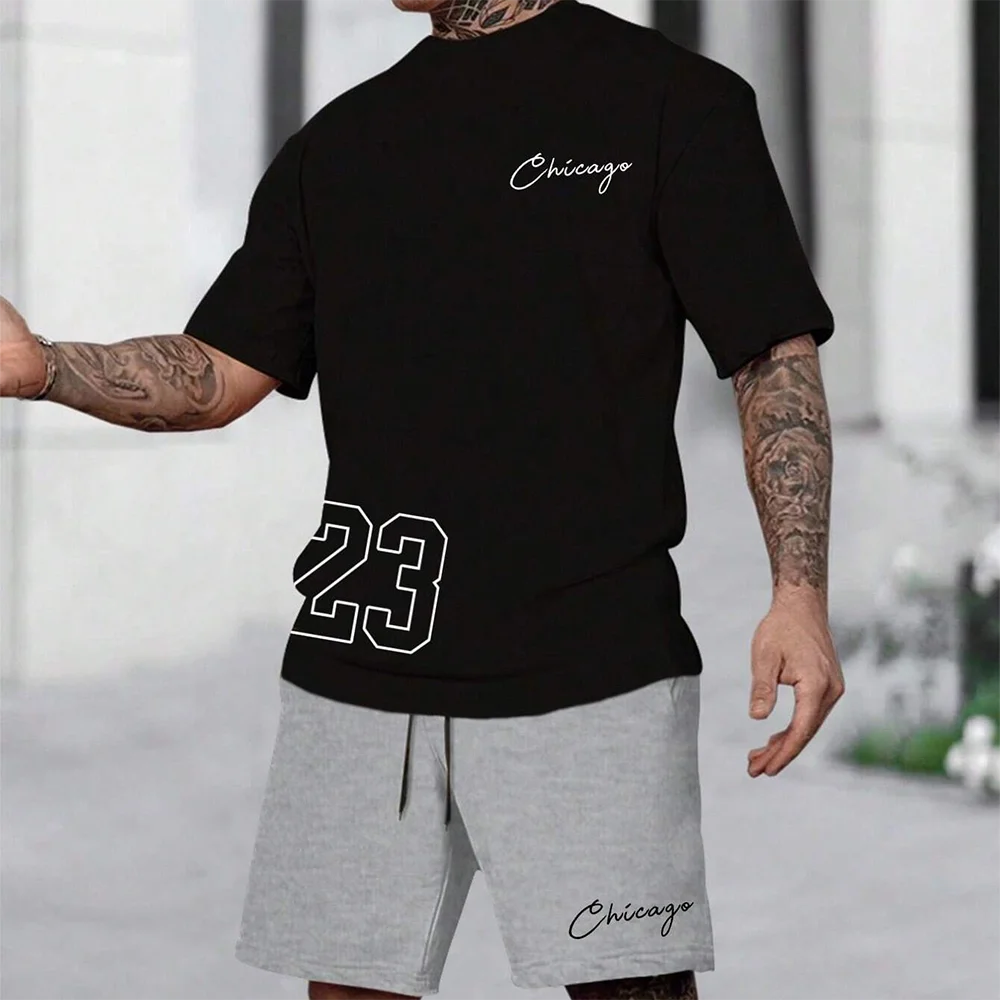 2025 summer new men's T-shirt shorts set sunglasses bear print short sleeved round neck T-shirt summer casual outdoor comfortabl