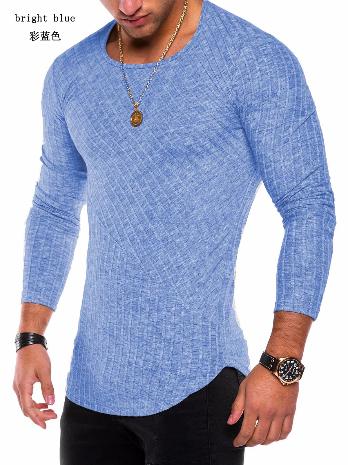Men's Knitted Thin Base Sweater with Curved Hem Design Round Neck Tight Fit Elastic Long Sleeved T-shirt Thin Sweater