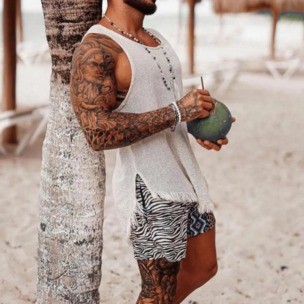 Men Tank Top Solid Color Sleeveless O Neck Knitted Summer Ripped Split T-shirt Tassel Men Vest Daily Clothes Men's Clothing