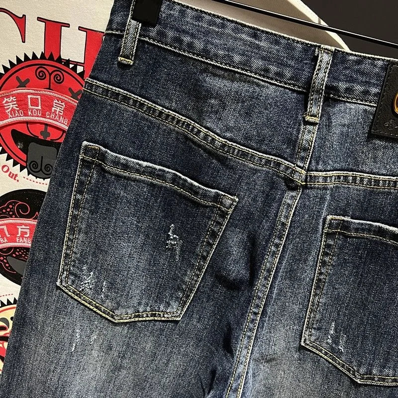 Spring and Autumn New Men's Fashion Trend Ripped Patch Small Foot Pants Men's Casual Slim Comfortable High-Quality Jeans