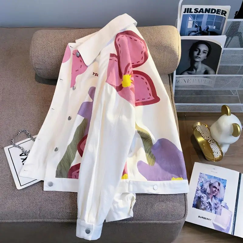 White Design Flower Denim Coat Women's Spring And Autumn Casual Loose Jacket Coat