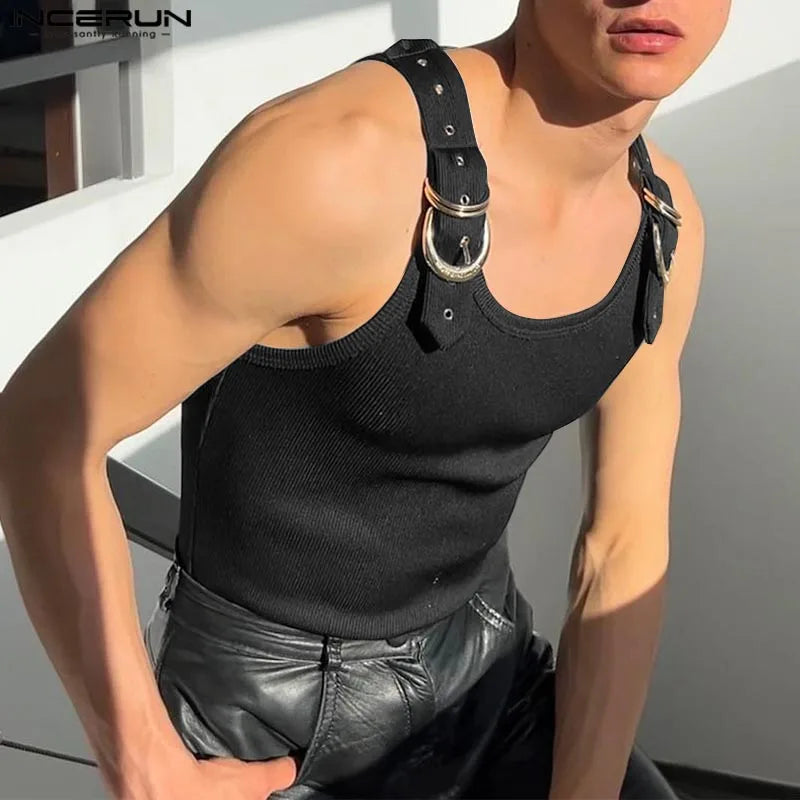 INCERUN Tops American Style Fashion New Men Deconstruction Design Metal Buckle Mesh Vests Casual Streetwear Male Solid Tank Tops