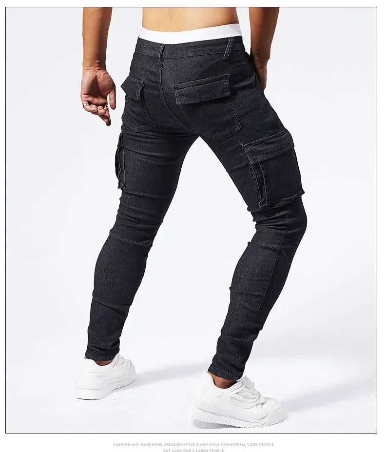 2025 New Men Street Elastic Denim Jeans Multi Pockets Cargo Pants Casual Slim Denim Trousers Fashion Y2k Joggers Baggy Man Pants