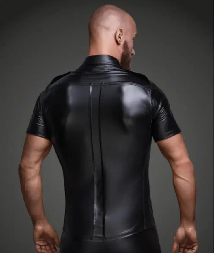 S-2XL Fashion Wet Look Black Faux Leather Men Sexy Two Pockets Tops Tees DS Night Motorcycle Short Sleeves Shirts With Button