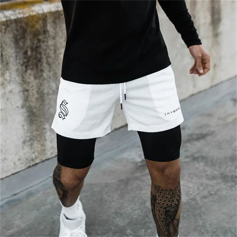 2024 summer mesh Sports Shorts Men Double-deck Jogging Running Shorts Men 2 IN 1 Mens GYM Shorts Fitness Workout Short Pants Man