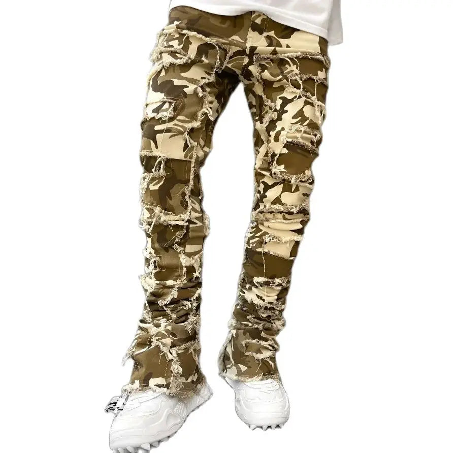 High Street White Men's Stacked Jeans Stretched Patchwork Tassel Damaged Denim Full Length Pants Hip-pop Trousers For Male 