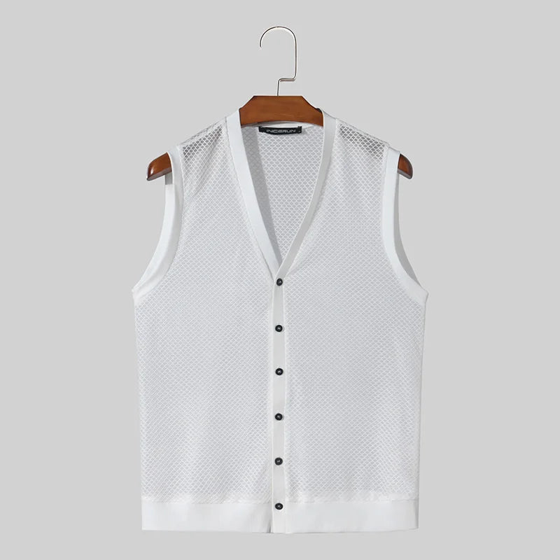 Fashion Leisure Style Tops INCERUN Men Personality Hollow Mesh Vests Summer Sexy Male Hot Sale V-neck Sleeveless Tank Tops S-5XL