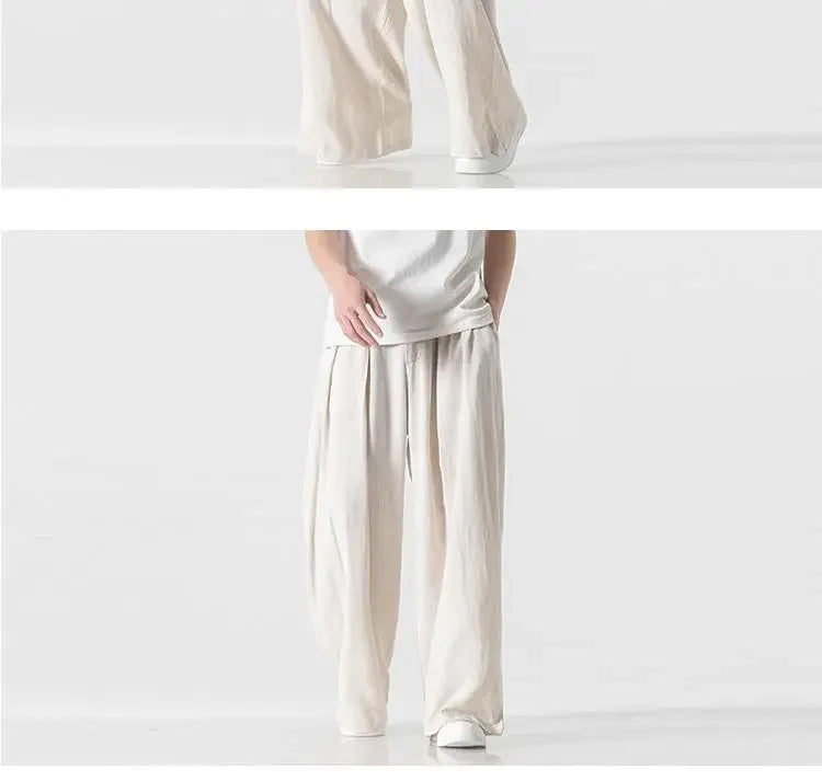 Hanfu Spirit Draped Linen Pants For Men Straight-leg Casual Trousers Chinese Style Loose-fit Ancient Wide-leg Song Trousers