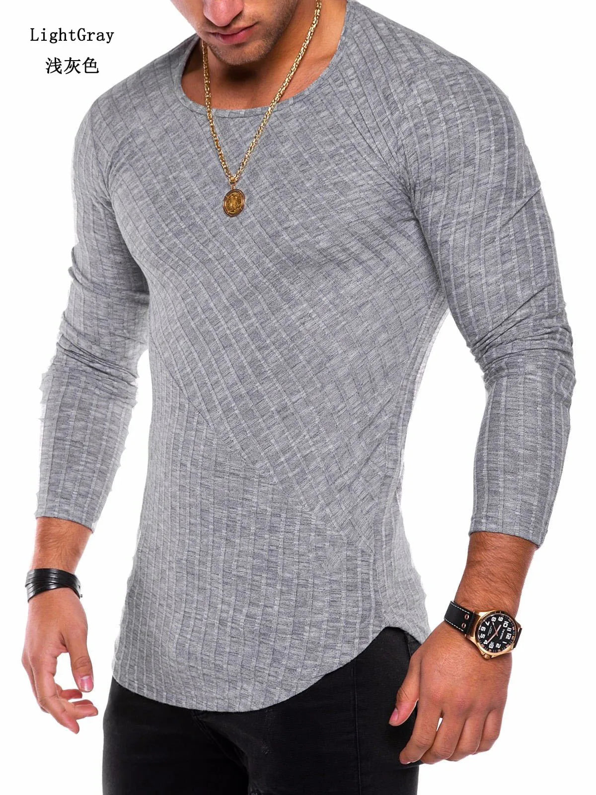 Men's Knitted Thin Base Sweater with Curved Hem Design Round Neck Tight Fit Elastic Long Sleeved T-shirt Thin Sweater