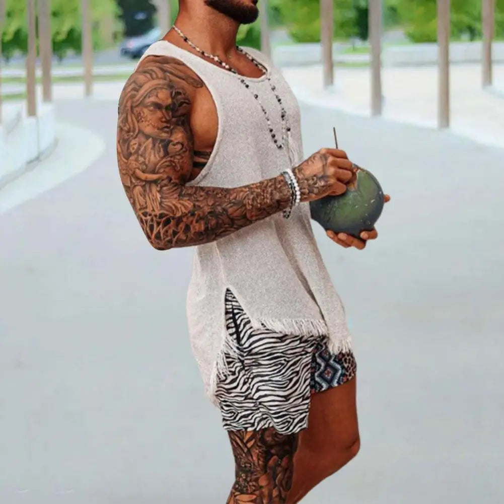 Men Tank Top Solid Color Sleeveless O Neck Knitted Summer Ripped Split T-shirt Tassel Men Vest Daily Clothes Men's Clothing