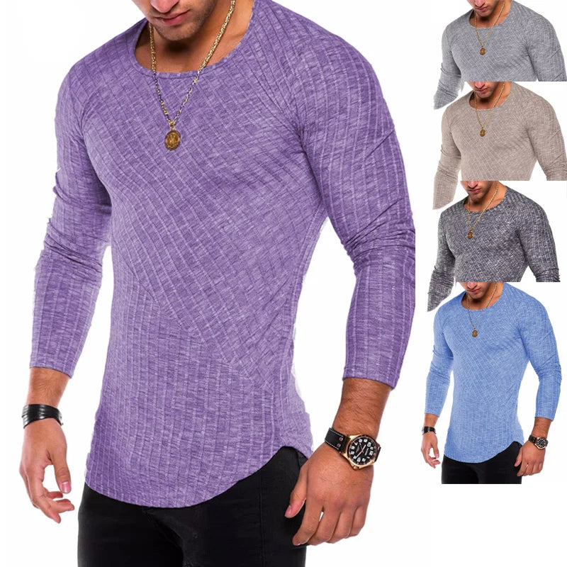 Men's Knitted Thin Base Sweater with Curved Hem Design Round Neck Tight Fit Elastic Long Sleeved T-shirt Thin Sweater
