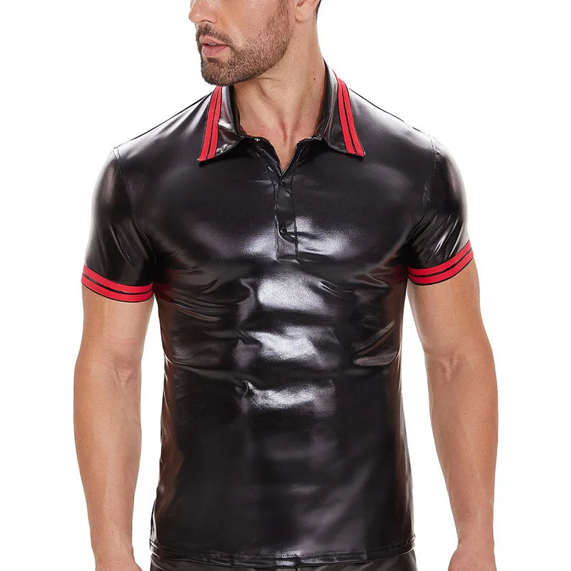 S-5XL Shiny Faux PU Leather Short Sleeve T Shirt Men Turn Down Collar Tshirt Tights Cosplay Hot Shapers Muscle Tees Clubwear Top