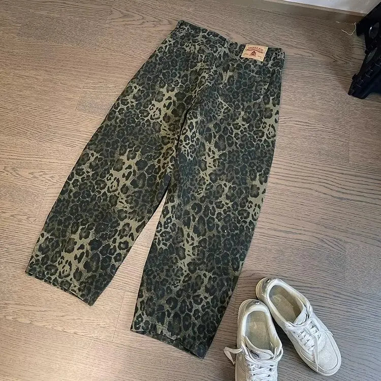 Autumn Tan Leopard Jeans Men Denim Pants Male Oversize Wide Leg Trousers Streetwear Hip Hop Vintage Loose Casual Animal Print