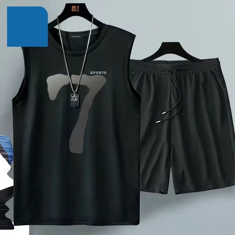 2025 Men's Summer Style Sleeveless Basketball Suit 2 Piece Set with Casual Sportswear+Short Sleeve Tshirt