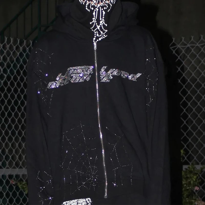Rhinestone Full Zip Hoodie Skeleton Goth Sweatshirt Pull Long Sleeve Black Hoodies Y2k Fashion Men's Women's Sport Jackets Coats
