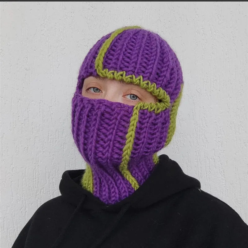 Funny Horns Knitted Hat Cosplay Halloween Masquerade Beanies Warm Full Face Cover Ski Mask Hat Windproof Helmet Trick Scare Prop