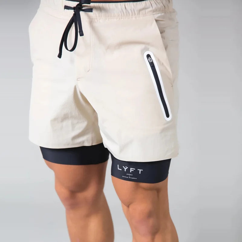 Double-deck fitness sports shorts men summer quick drying breathable woven Shorts Men's 2 IN 1training Gyms clothing