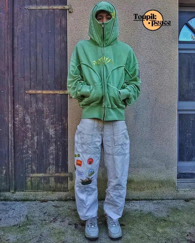 Y2K Ninja Hoodie Gothic Trendy Double Hat Design Functional Streetwear Vintage High Street Men Women Oversized Casual Pullover