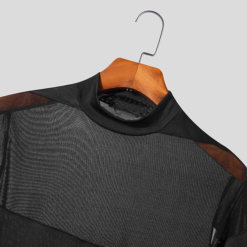 Sexy See Through Mesh Jumpsuits Tees Mens Spring Party Fashion Patchwork Mesh T-shirts Men Stylish Slim Fit Long Sleeve Pullover