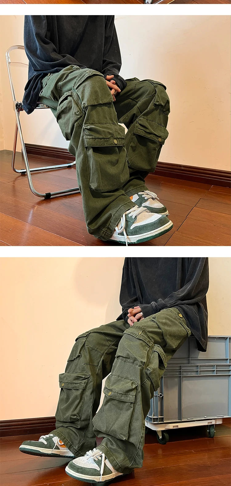 2025 Men Cargo Pants Multi-Pockets Tool Pants Harajuku Mens Vintage Loose Wide Leg Pants Streetwear Casual Hip-Hop Trousers