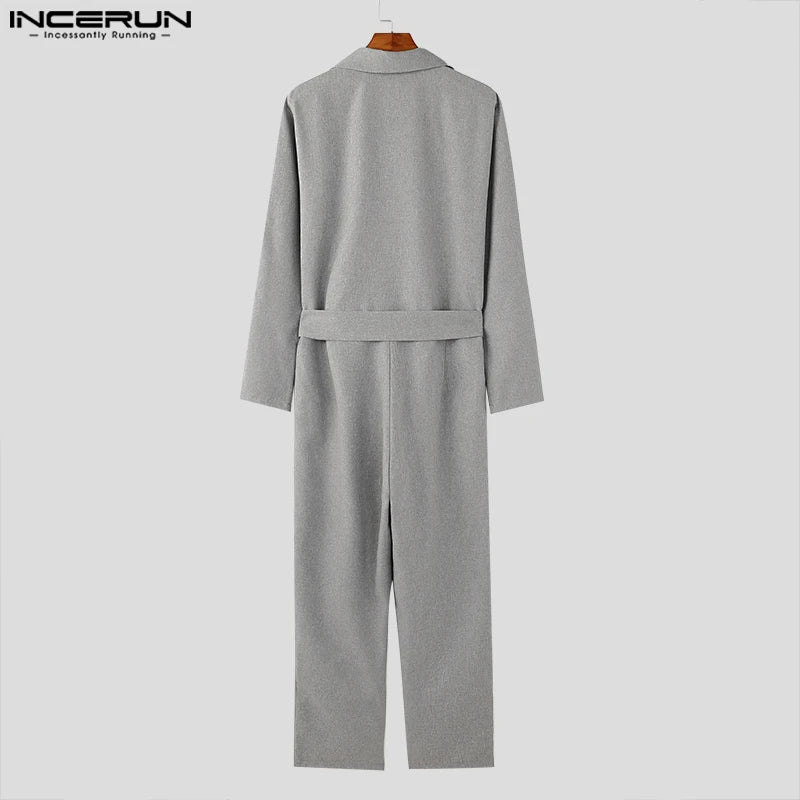 American Style Fashion Jumpsuit Casual Men's Suit Neck Double Breasted Jumpsuits Long Sleeved Casual Rompers S-5XL