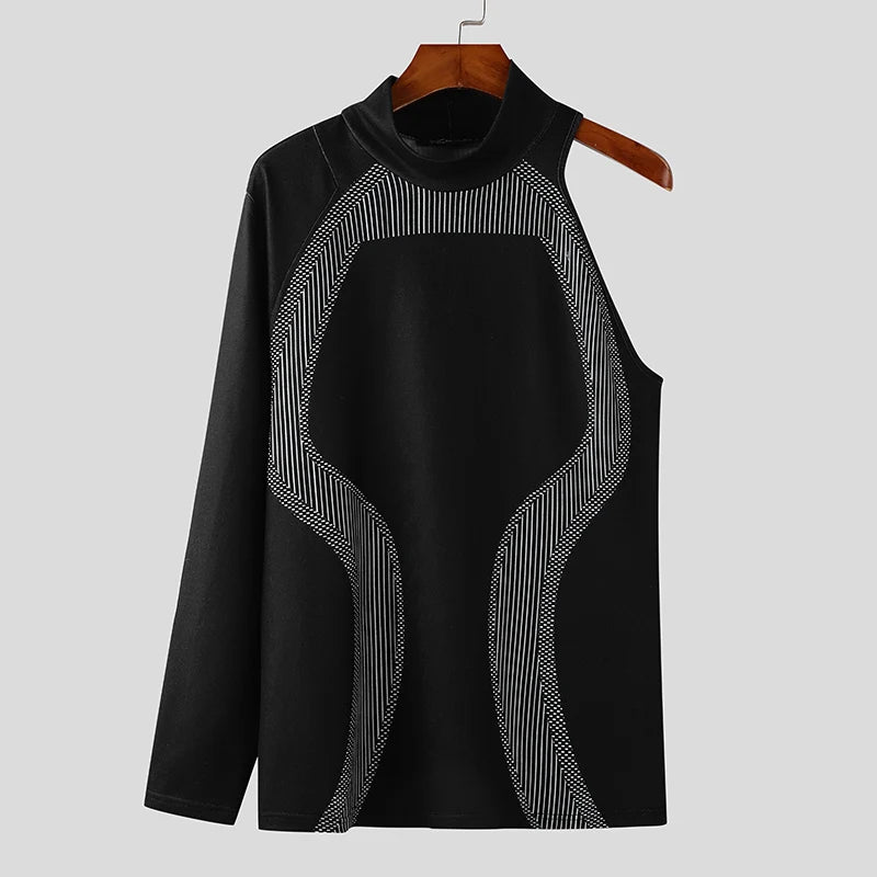Men Simple Camisetas Men INCERUN Well Fitting Long Sleeved Handsome Knitted T-Shirts 2024 Casual Printing Stand Collar Male Tops