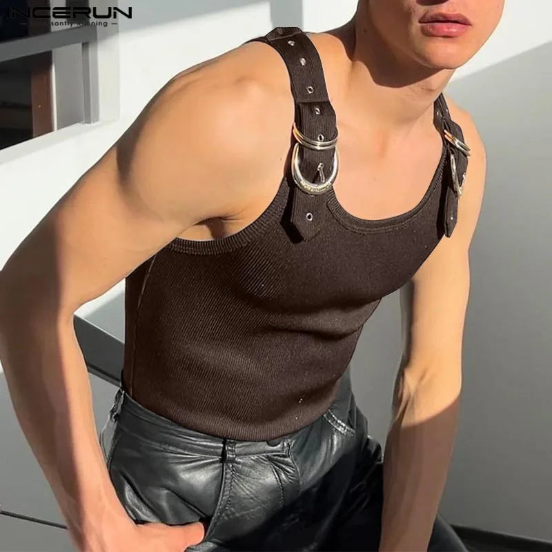 INCERUN Tops American Style Fashion New Men Deconstruction Design Metal Buckle Mesh Vests Casual Streetwear Male Solid Tank Tops