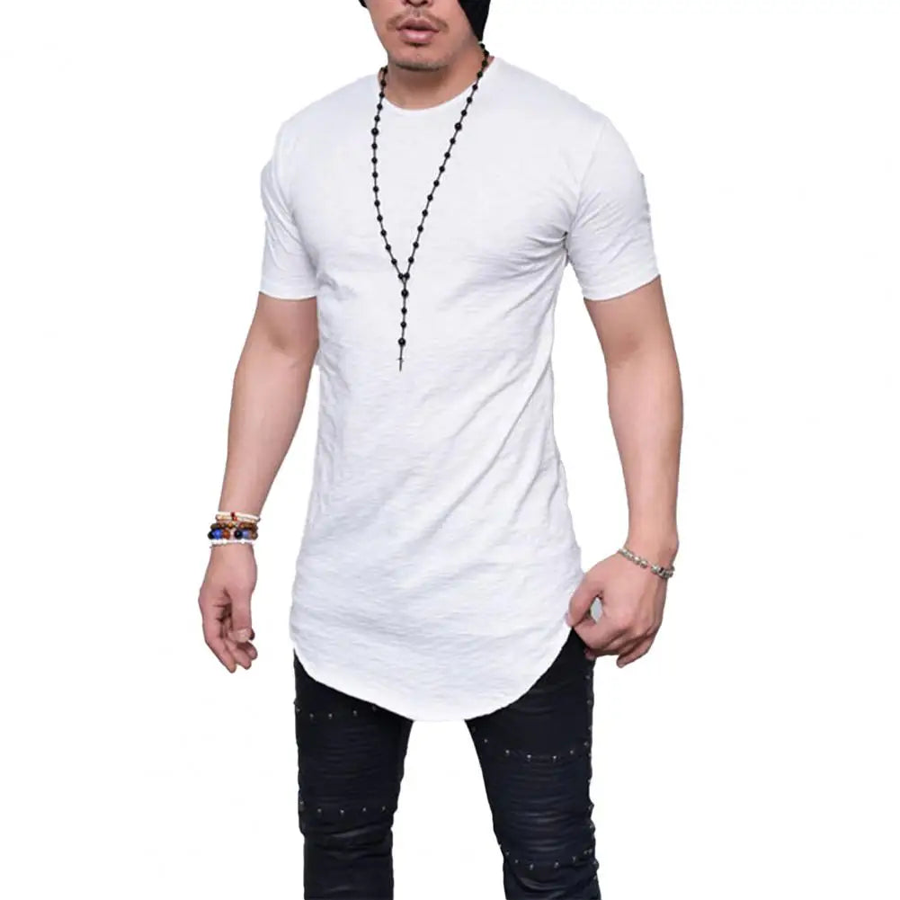 Trendy Men T-shirt Irregular Hem Men Summer T-shirt Slim Fit Crew Neck Men Summer T-shirt Match Pants