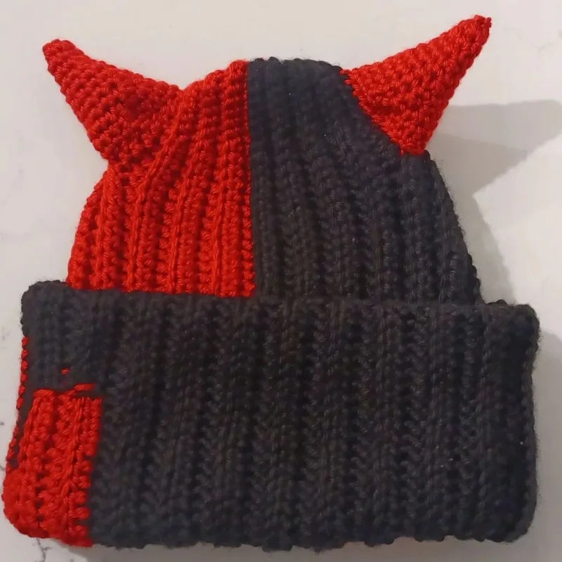 Funny Horns Knitted Hat Cosplay Halloween Masquerade Beanies Warm Full Face Cover Ski Mask Hat Windproof Helmet Trick Scare Prop