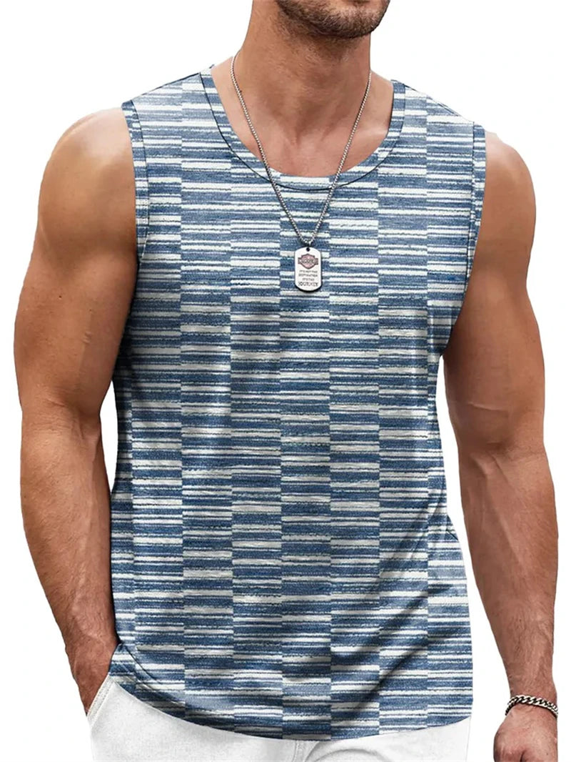 Mens Retro Geometric 3D Printed Tank Top Summer Casual Crew Neck Fashion Trend Sleeveless Vest Loose Breathable Sports Tops