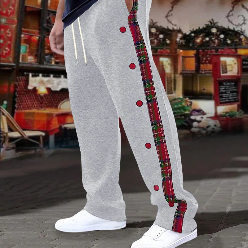 American New Men's Sports Pants Spring and Autumn Breasted Plaid Stitching Design Casual Pants Loose Straight Men's Sweatpants