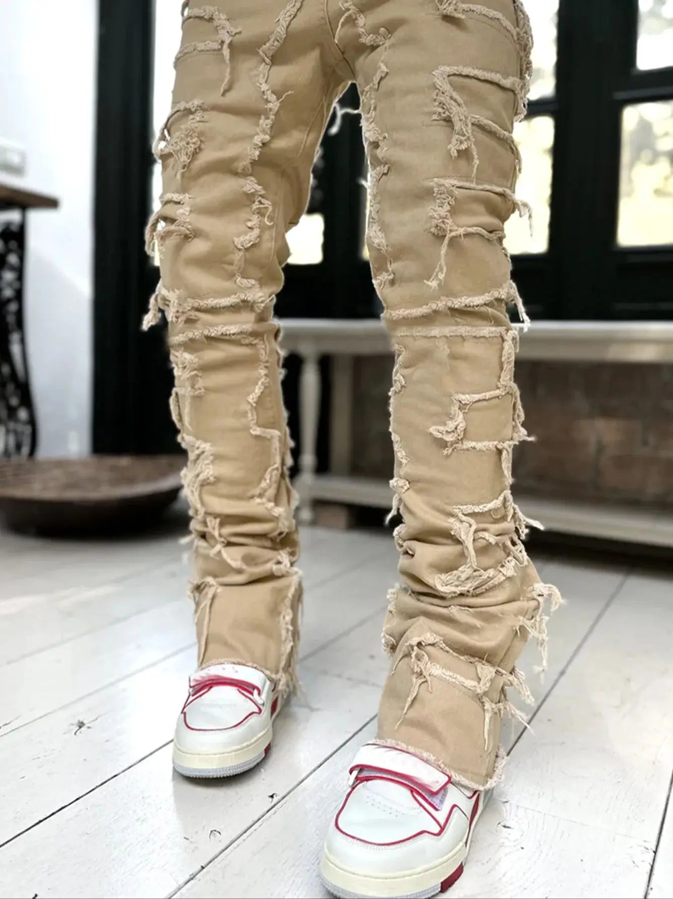 High Street White Men's Stacked Jeans Stretched Patchwork Tassel Damaged Denim Full Length Pants Hip-pop Trousers For Male 
