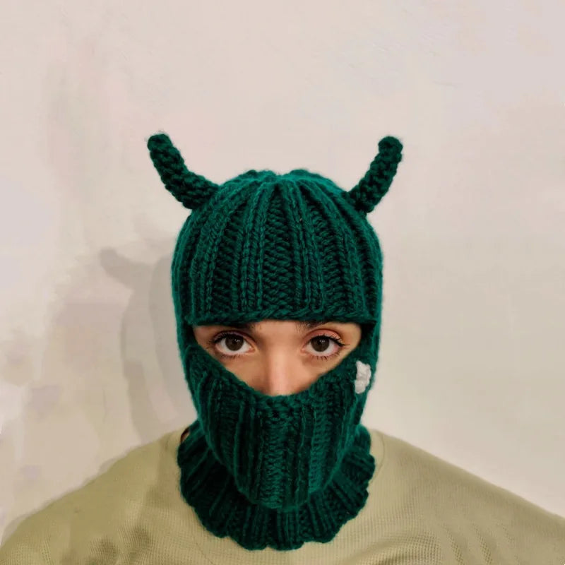 Funny Horns Knitted Hat Cosplay Halloween Masquerade Beanies Warm Full Face Cover Ski Mask Hat Windproof Helmet Trick Scare Prop