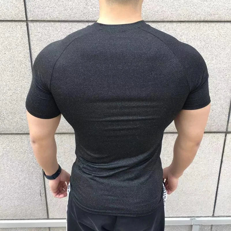 2025 New Men Summer Short Sleeve Fitness Shirt Running Sport Gym Compression T Shirt Workout Casual Elastic Force Tops Clothing